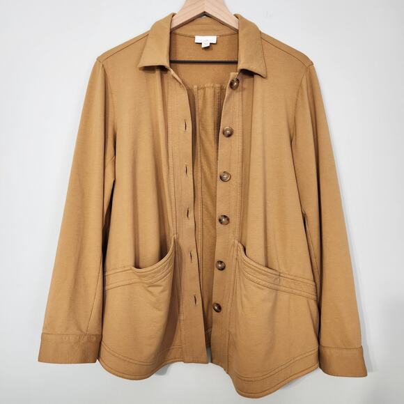 J Jill Modern Barn Knit Shacket Jacket Button Tan Camel Soft Casual, M Petite - Picture 2 of 10